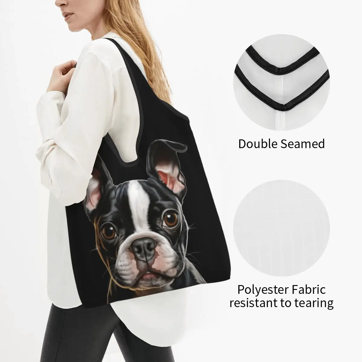 Cute Boston Terrier Lovers Dogs Boston Terrier Portable Tote Shopping Bags Foldable Shopper Bag Groceries Handbag Shoulder Bag