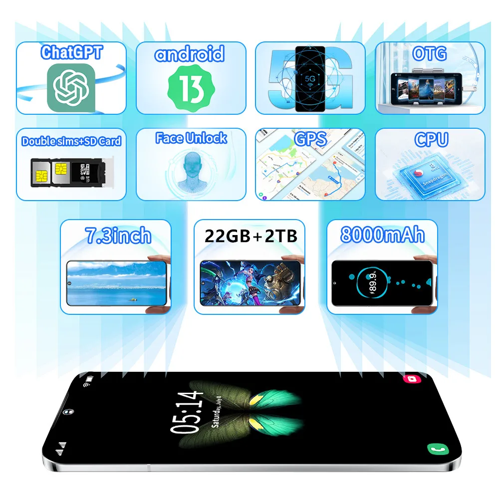 デュアルSIM-Androidスマートフォン,7.3 HD画面,オリジナル,7.3インチ,22 GB, 2テラバイト,5g,デュアルSIM,108mp,8000mah,s30