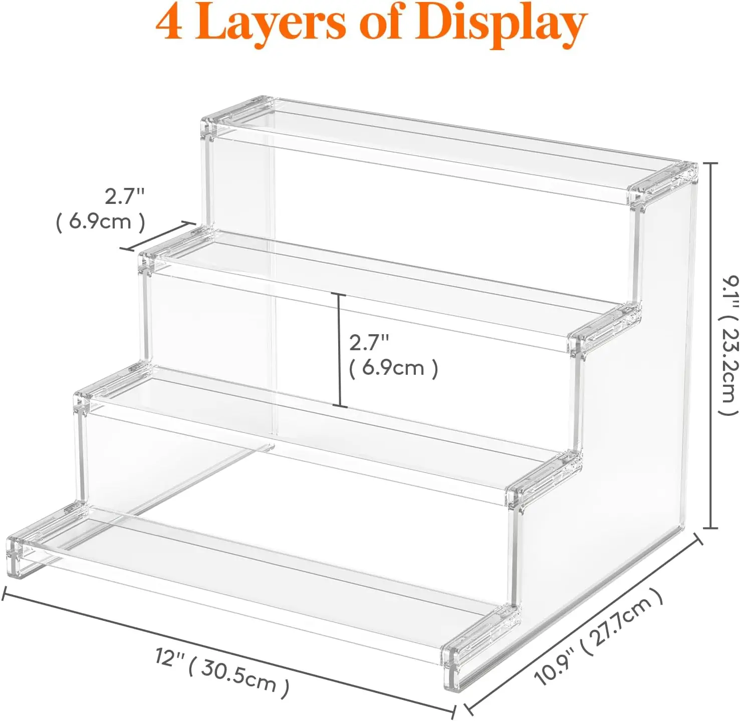4-Tier Clear Plastic Display Riser, Tool-Free Assembly for Perfume and Cosmetics Storage, 12-Inch Size, 3-Piece Set