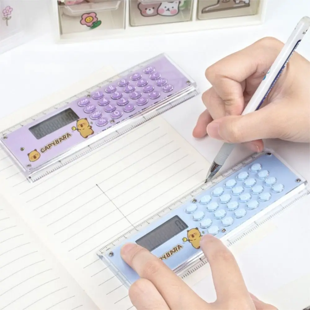 Calcolatrice creativa per righello capibara Mini con pulsante in silicone Righello di misurazione Studenti con righello a 8 cifre per cartoni animati