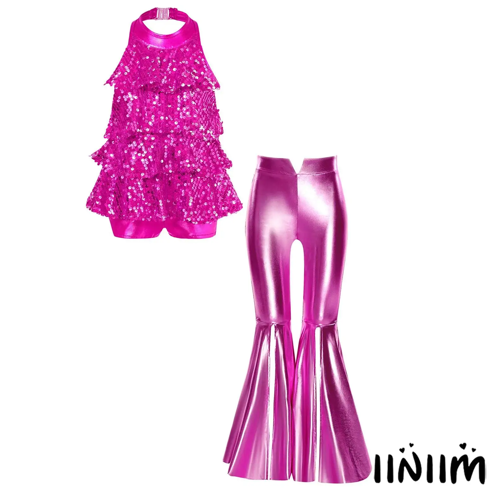 

Kids Girls Jazz Dance Costume Halter Backless Shiny Sequins Leotard Top with Split Bell-Bottom Metallic Pants Raves Clubwear