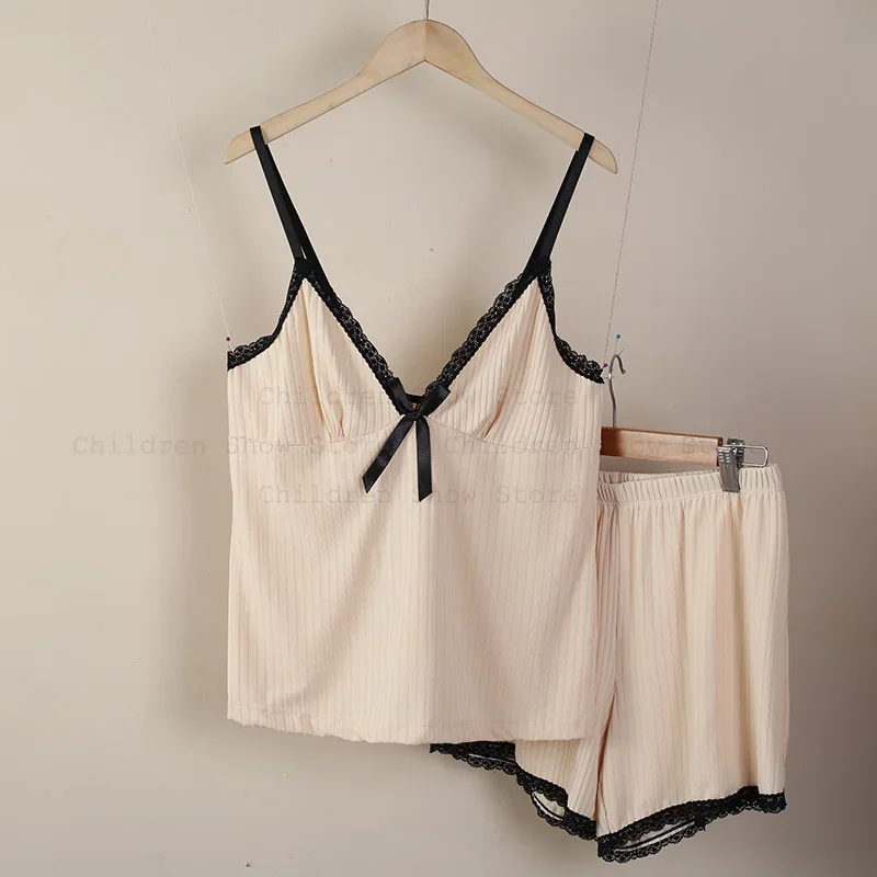 

Women Thin Sleepwear Loungewear Beige Sexy Lace Trim Cami Top Shorts Set 2Pcs Pajamas Nightgown Summer New Home Clothing