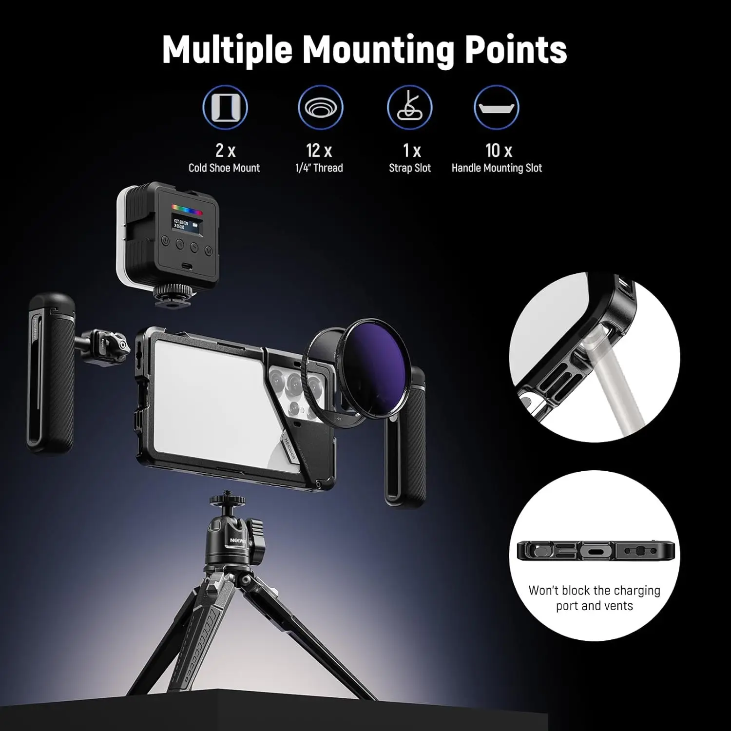 NEEWER حامل قفص الهاتف مع 2X مقبض 67 مللي متر مهايئ المرشح T محول تركيب جهاز فيديو مثبت لسامسونج غالاكسي S25 الترا