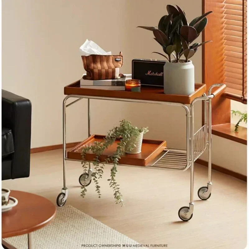 Solid Wood Tea Cart, Movable Side Table, Sofa Edge Corner Storage, Modern Dining Cabinet, Multifunctional Trolley