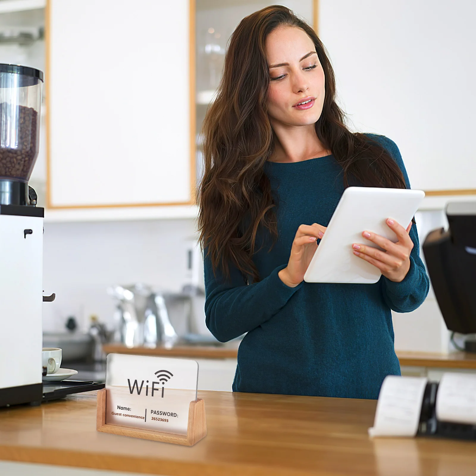

Acrylic WiFi Sign Board Tabletop Display for WiFi Network Name and Password Stable Wooden Stand Design Ideal for Business Cafe