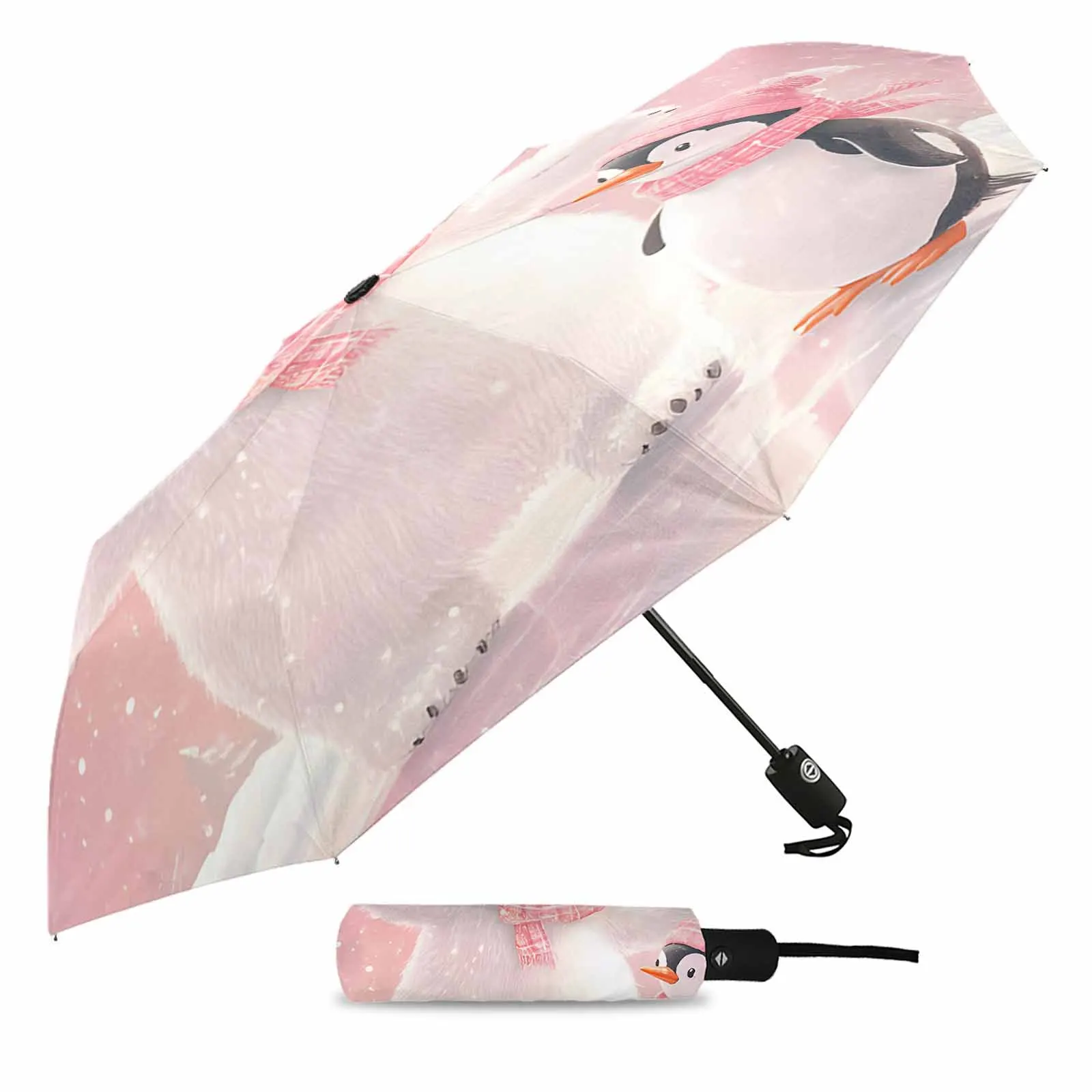 Christmas Pink Bears And Penguins Outdoor Printed Rain Umbrella for Women Fully-automatic Foldable Sun Umbrella Beach Umbrella