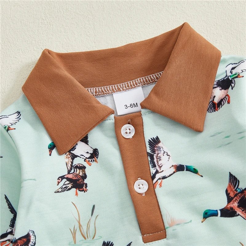 الوليد طفل الفتيات الفتيان الخريف رومبير تحلق بطة طباعة زر متابعة رفض طوق طويلة الأكمام بذلة الرضع #4