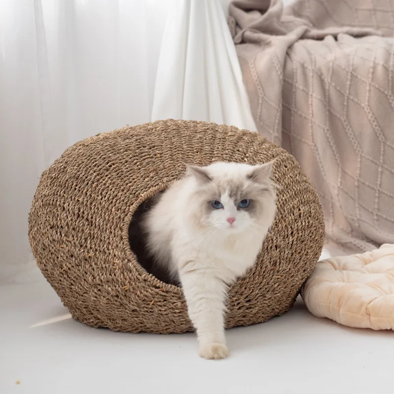 

Rattan cat nest summer semi-enclosed cathammock summer cool nestcushion hand straw woven petcat nes