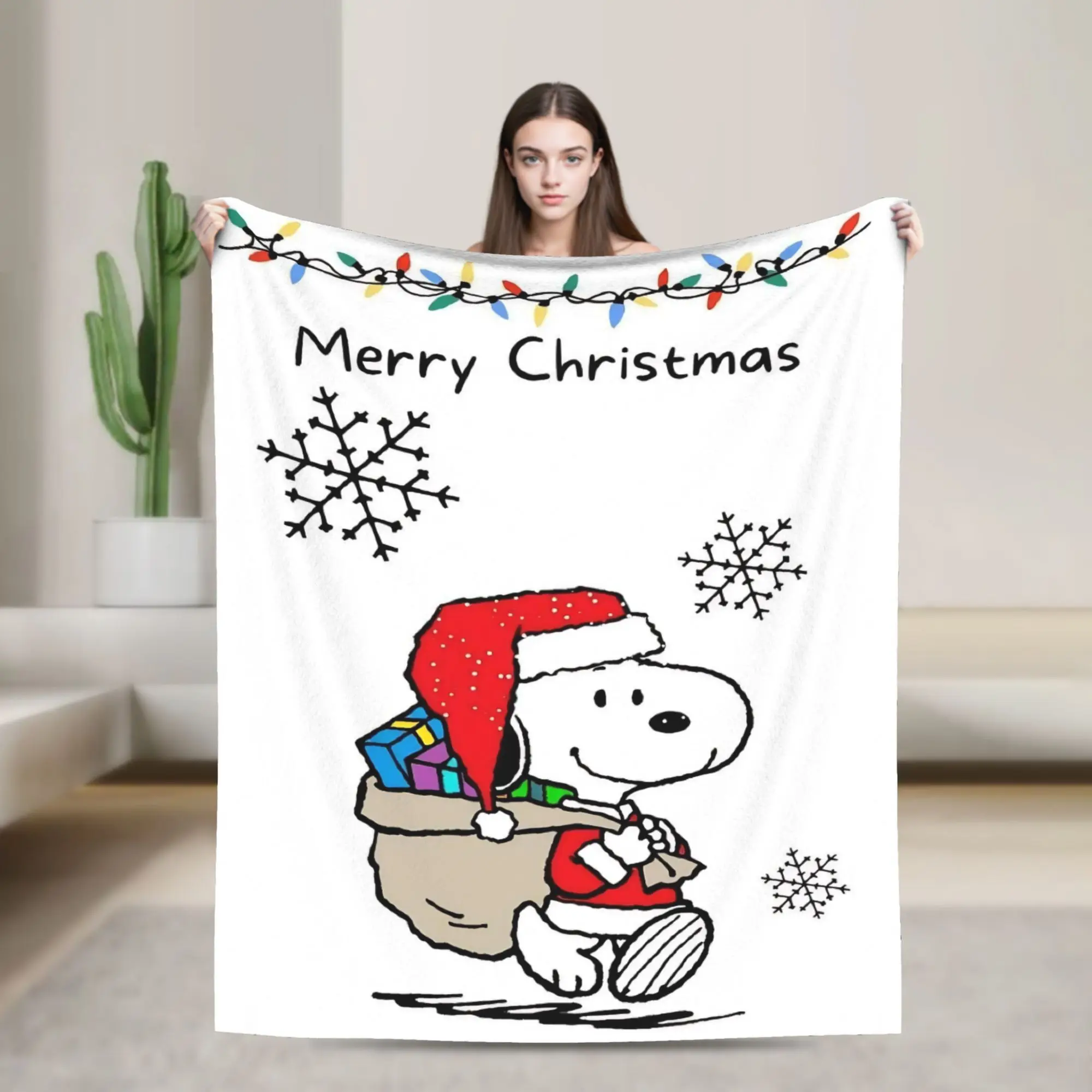 S-Snoopys Xmas Snowman Santa Blankets Flannel Summer Air Conditioning  Multi-function Soft Throw Blanket for Sofa Bedding Throws