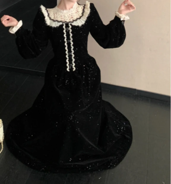 فستان نسائي للخريف والشتاء مقاس كبير أنيق من الدانتيل الفرنسي بياقة بيتر بان وأكمام طويلة على شكل حرف a فساتين حلوة عالية الخصر #2