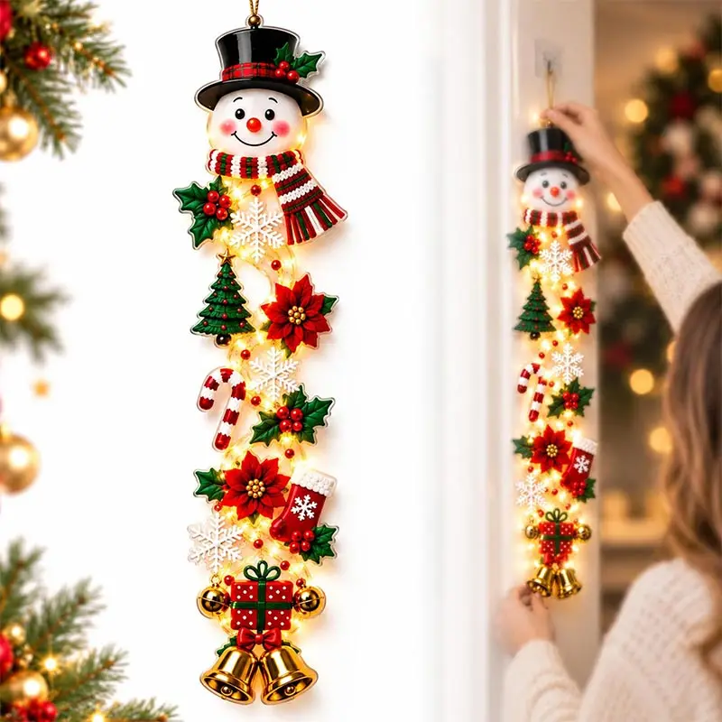 Glowing Christmas Door Hanger With Warm Light Snowflakes Bells Greenery Bow Front Door Porch Entryway Wall Hanging Holiday Decor