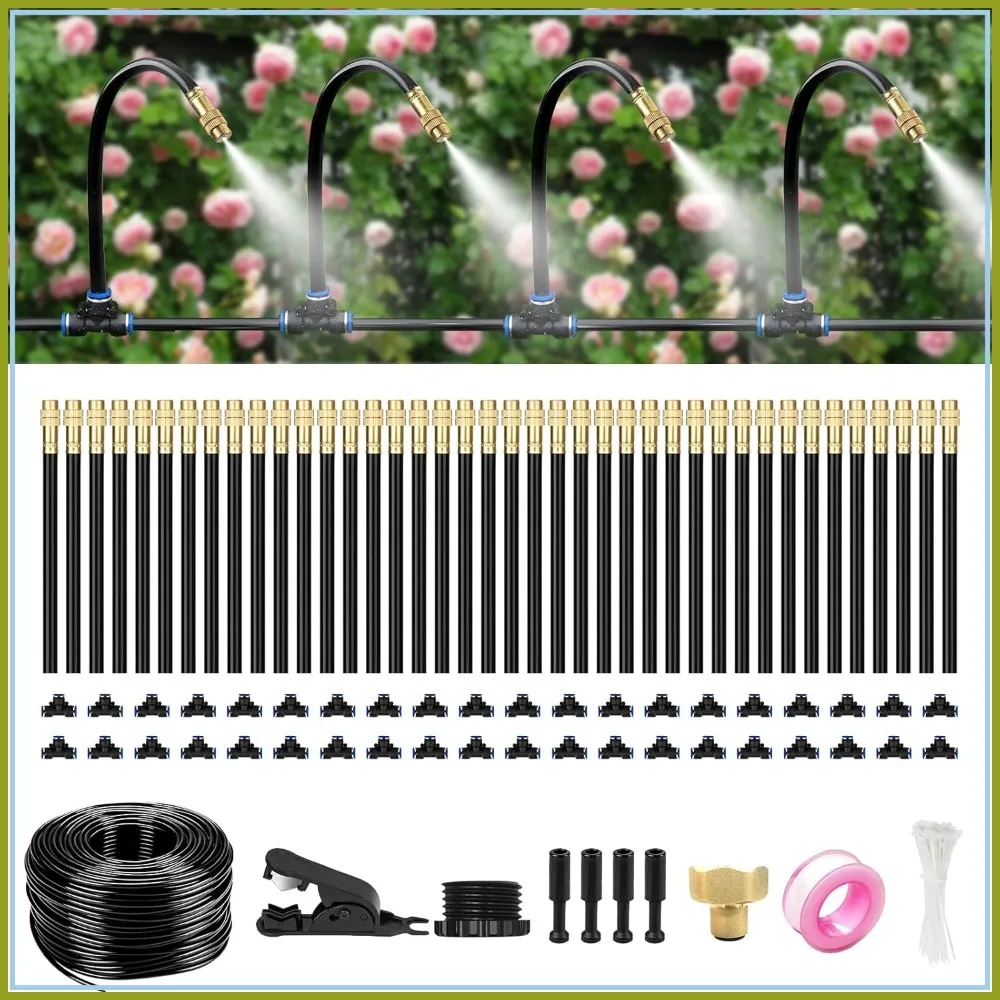 

100FT Drip Irrigation System with Brass Connectors, Bendable Tubing & Adjustable Nozzles for Garden, Lawn, Yard