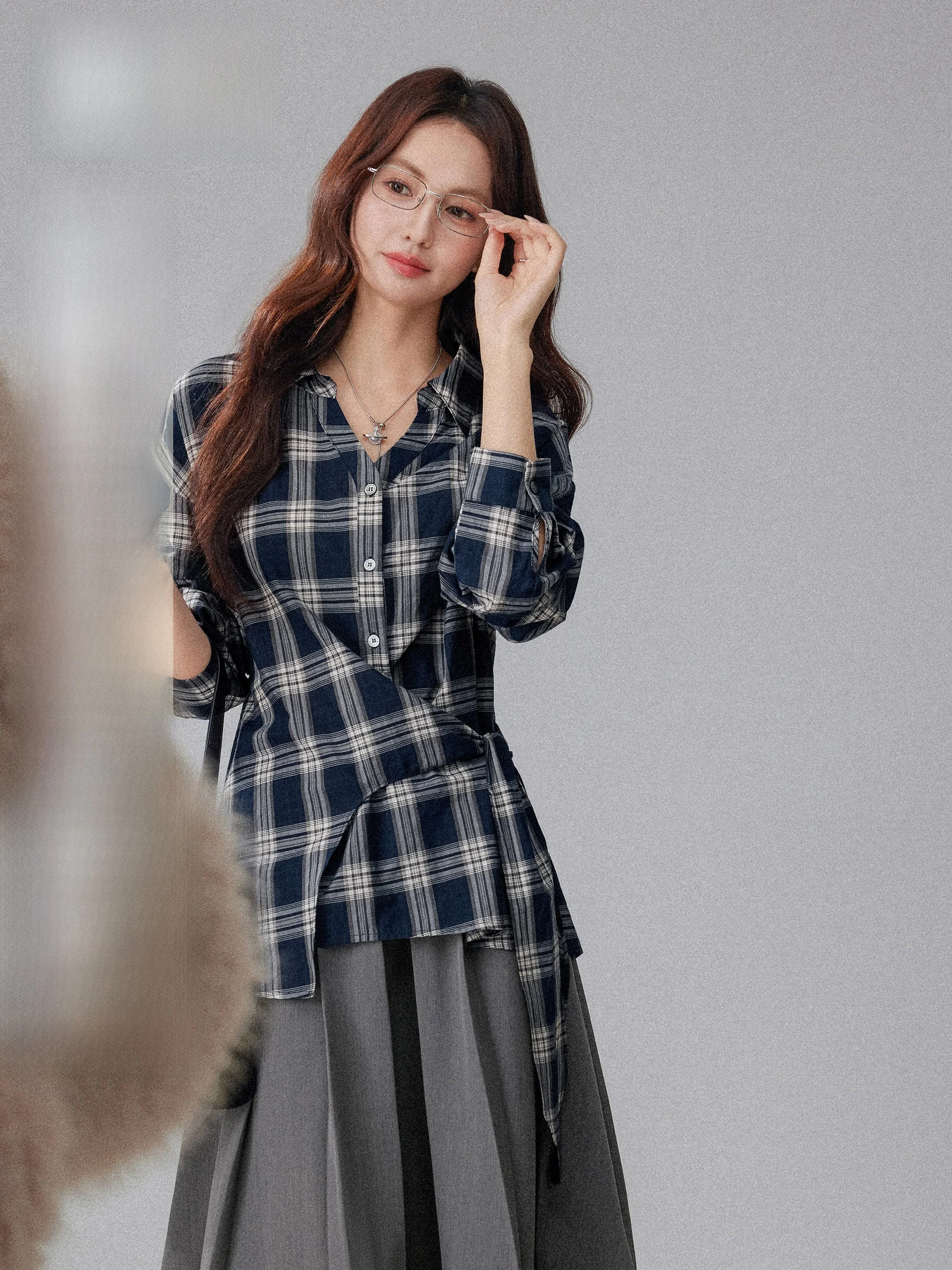 

Women's Vintage Plaid Long Sve irt Waist Cinched Asymmetrical Design Spring Early Korean Sle Casual Faion irt