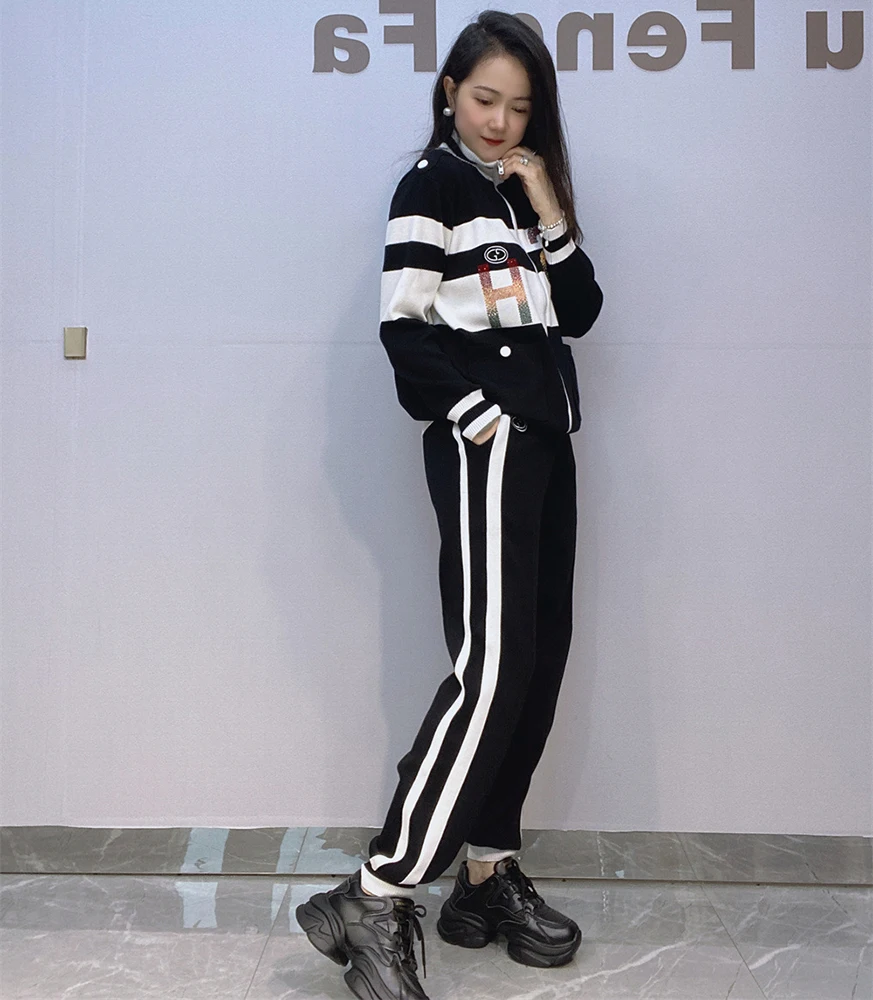 Black White Striped Knitted Pants Sets Women 2024 Autumn Winter Oversized 2 Pieces Sets Casual Zipper Jacket Tracksuit Y2k