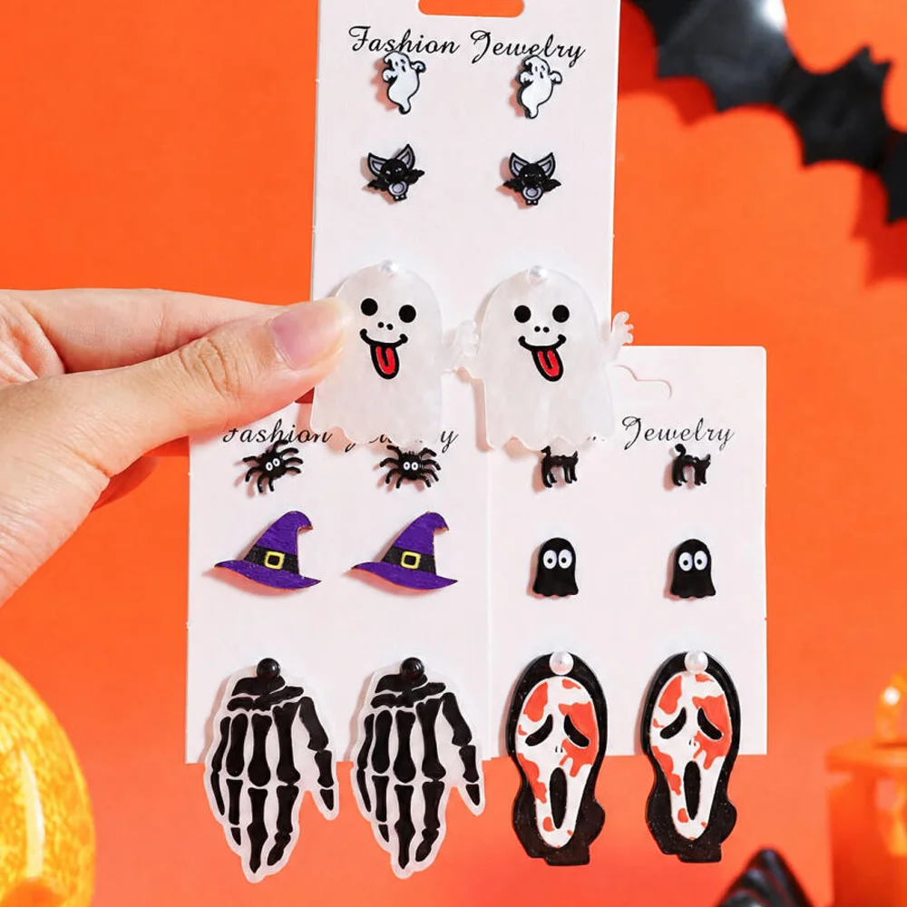 3/9 Pairs Halloween Stud Dangle Earrings Ghost Bat Spider Witch Hat Skeleton Scream Face Women Spooky Party Fashion Jewelry
