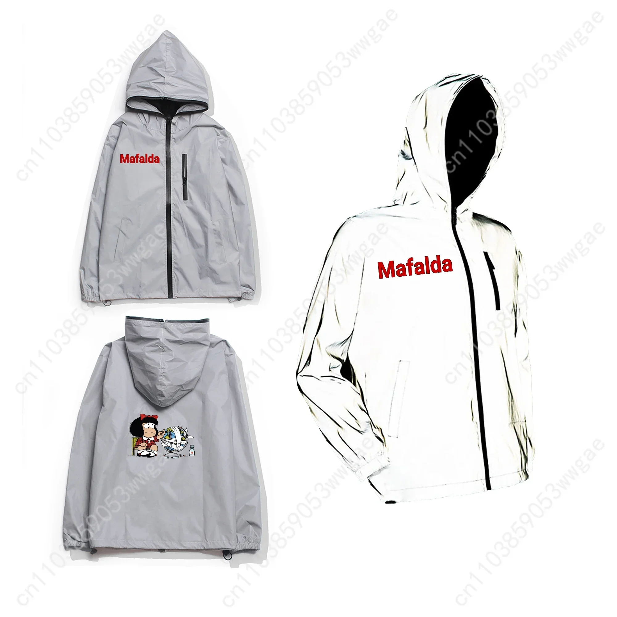 Mafalda Reflective Jacket Mens Womens Coat Hooded Windbreaker Run Pocket Jackets Cycling Hiking Zipper Cartoon Customized Hoodie