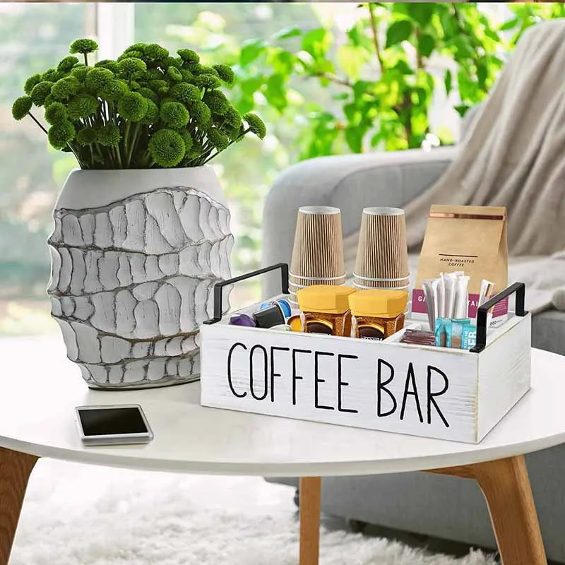 Wooden Storage Box Multi Compartment Organizer for Coffee Tea Bags Paper Cups Countertop Desktop Kitchen Storage Tidy Box