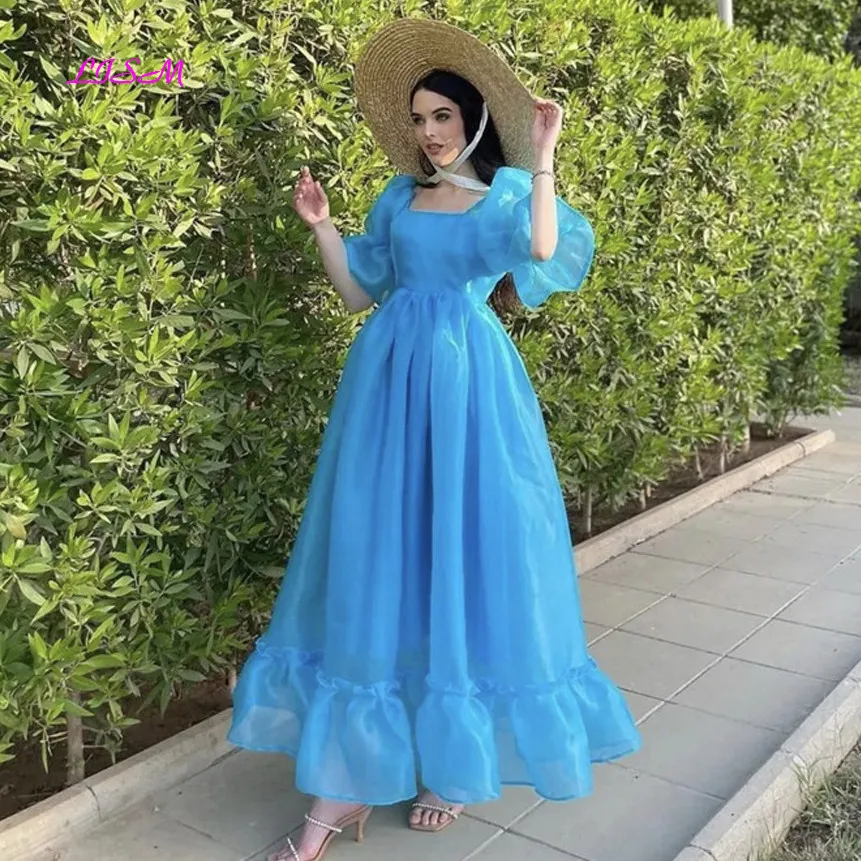 

Blue A-Line Princess Prom Dresses Puff Sleeve Square Neck Ankle Length Evening Party Gowns Elegant Dress Women for Wedding Party