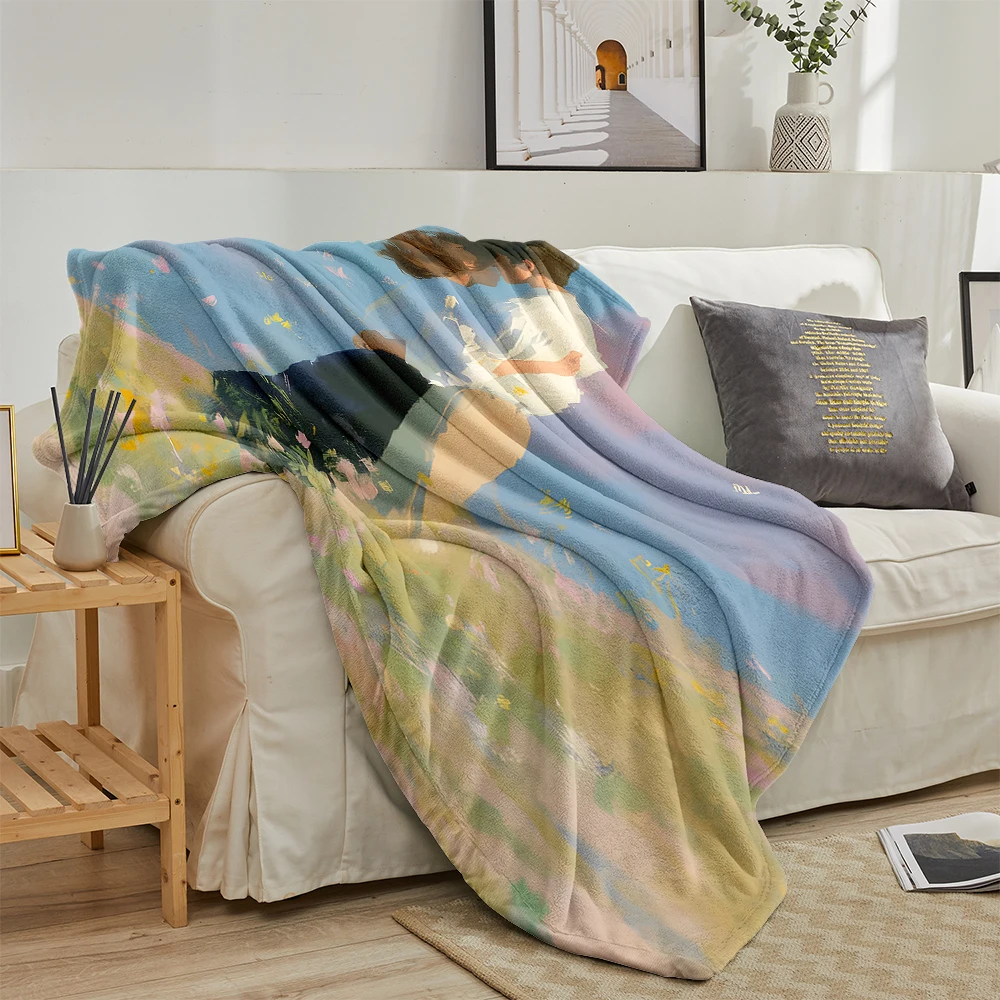 Couple Embrace Flower Field Lightweight Flannel Blanket Breathable Cozy Throw Blanket for Spring Summer Sofa Bed Conditioning