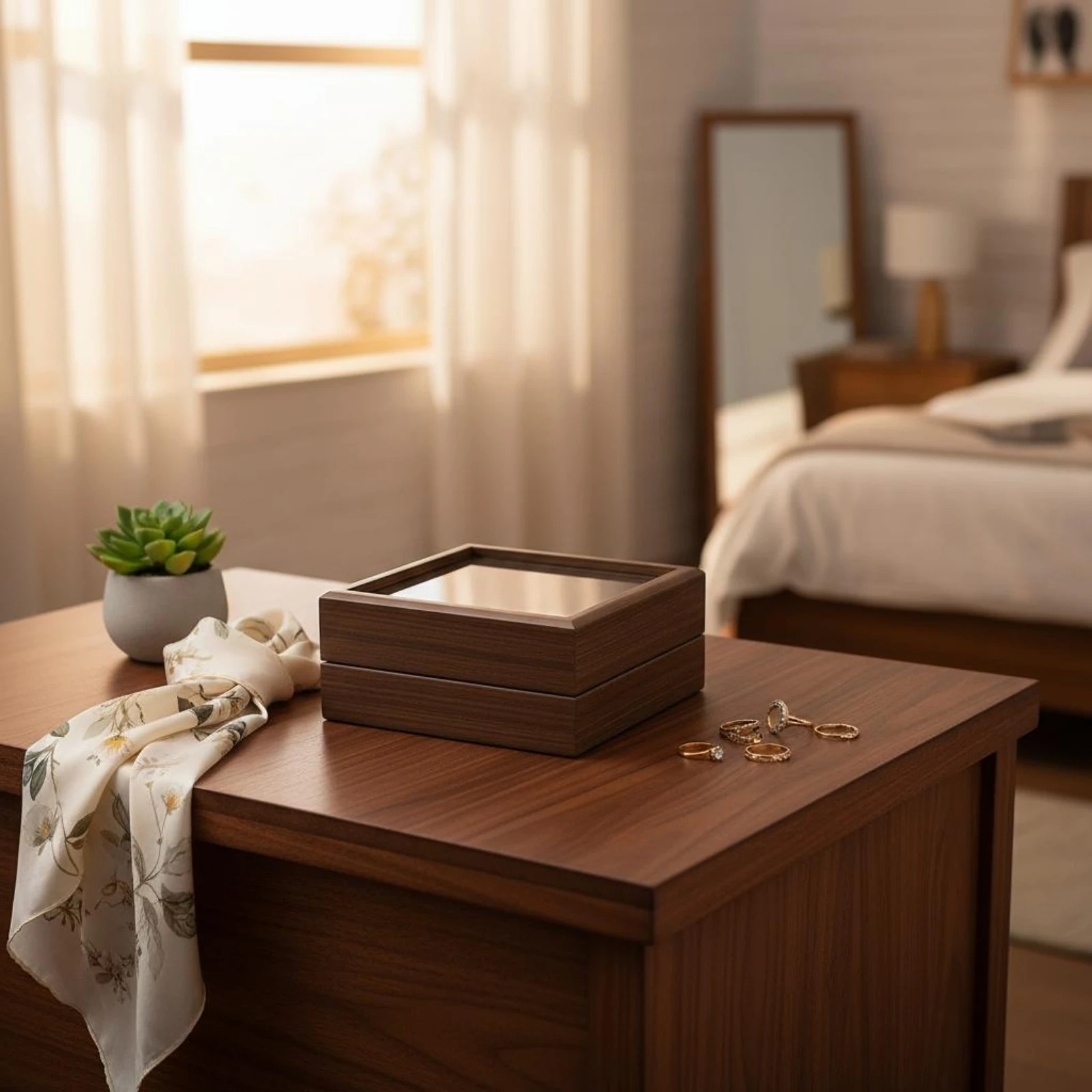 

Glass Lid Jewelry Box Padded Insert Walnut Jewelry Box Home Storage Cream Interior Solid Wood