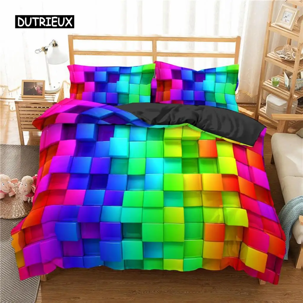 Toy Print Duvet Cover Set Square Gradient Blocks Bedding Set for Kids Teen Colorful Bricks Game Queen Microfiber Comforter Cover