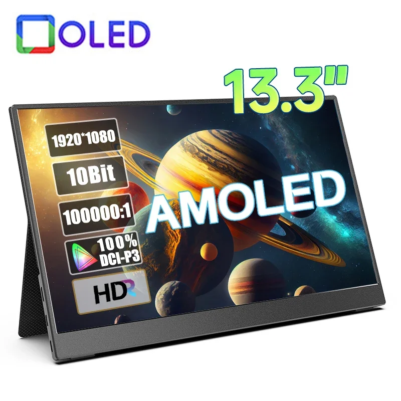 13.3 Inch OLED Ultra Clear Portable Monitor 1920*1080P 400Nit 10Bit HDR 100000:1 1MS Gaming Display For PC Laptop Phone PS5 Xbox