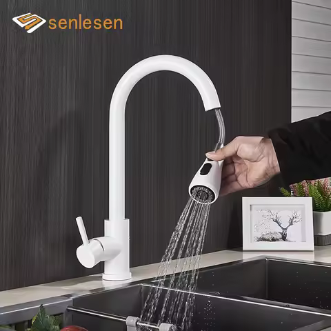 Senlesen White Kitchen Faucet Pull Out Sprinkler Stream &amp; Sprayer Modes Single Handle Deck Mount Hot Cold Water Mixer Sink Taps