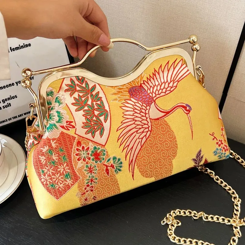 2024 INS Elegant Women Flower Print Handbags Vintage Lady Chain Shoulder Bags Clutch Simplicity Crossbody Bags Lock Shell Clip