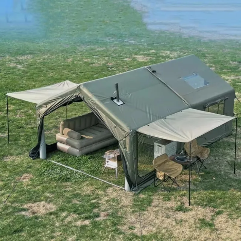 

2025 Large Khaki Inflatable Camping Tent With Pump, 4 Seasons Glamping Tent For Family