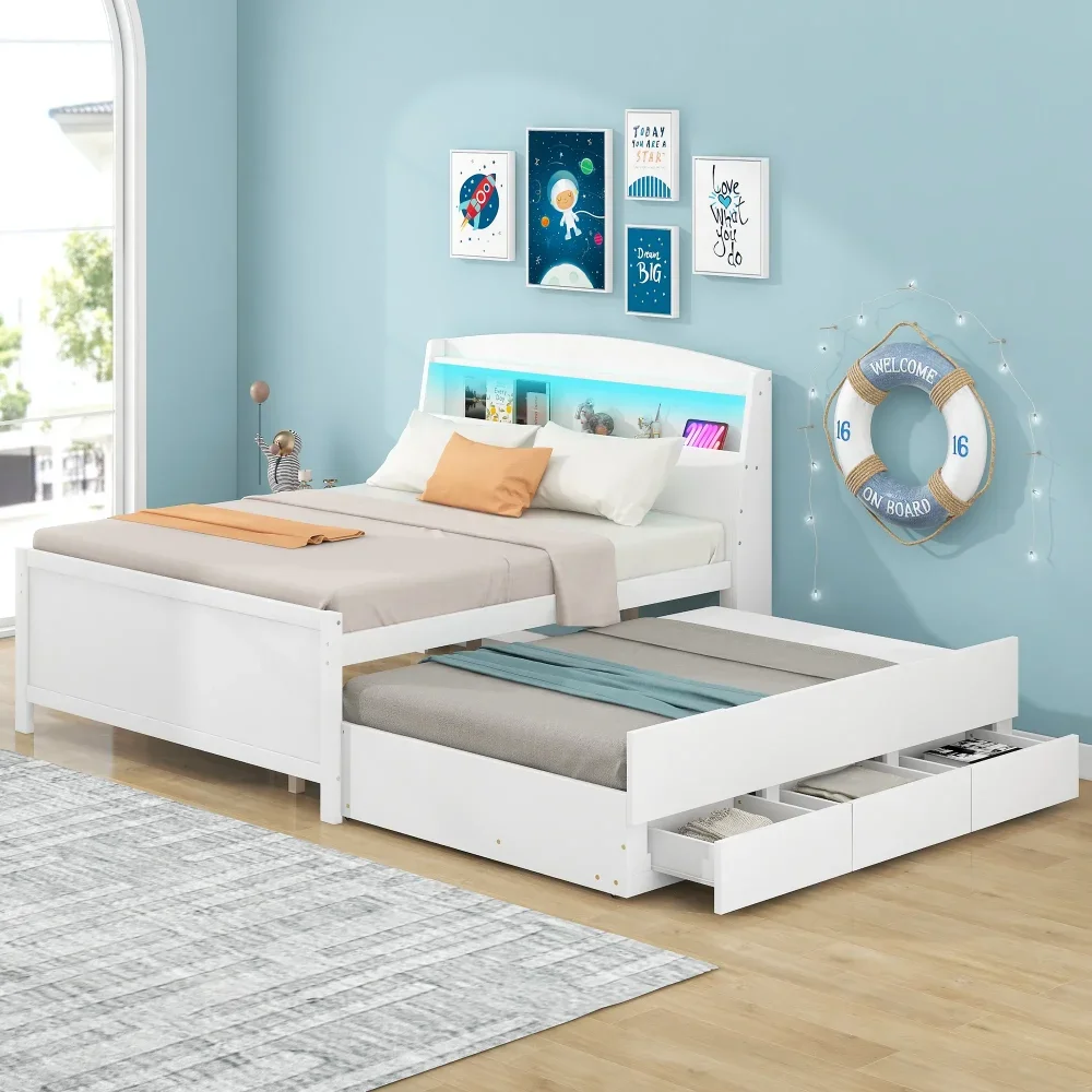 

White Children Beds, Wood Full Size Platform Bed with Storage Headboard, Drawers Trundle and LED Light