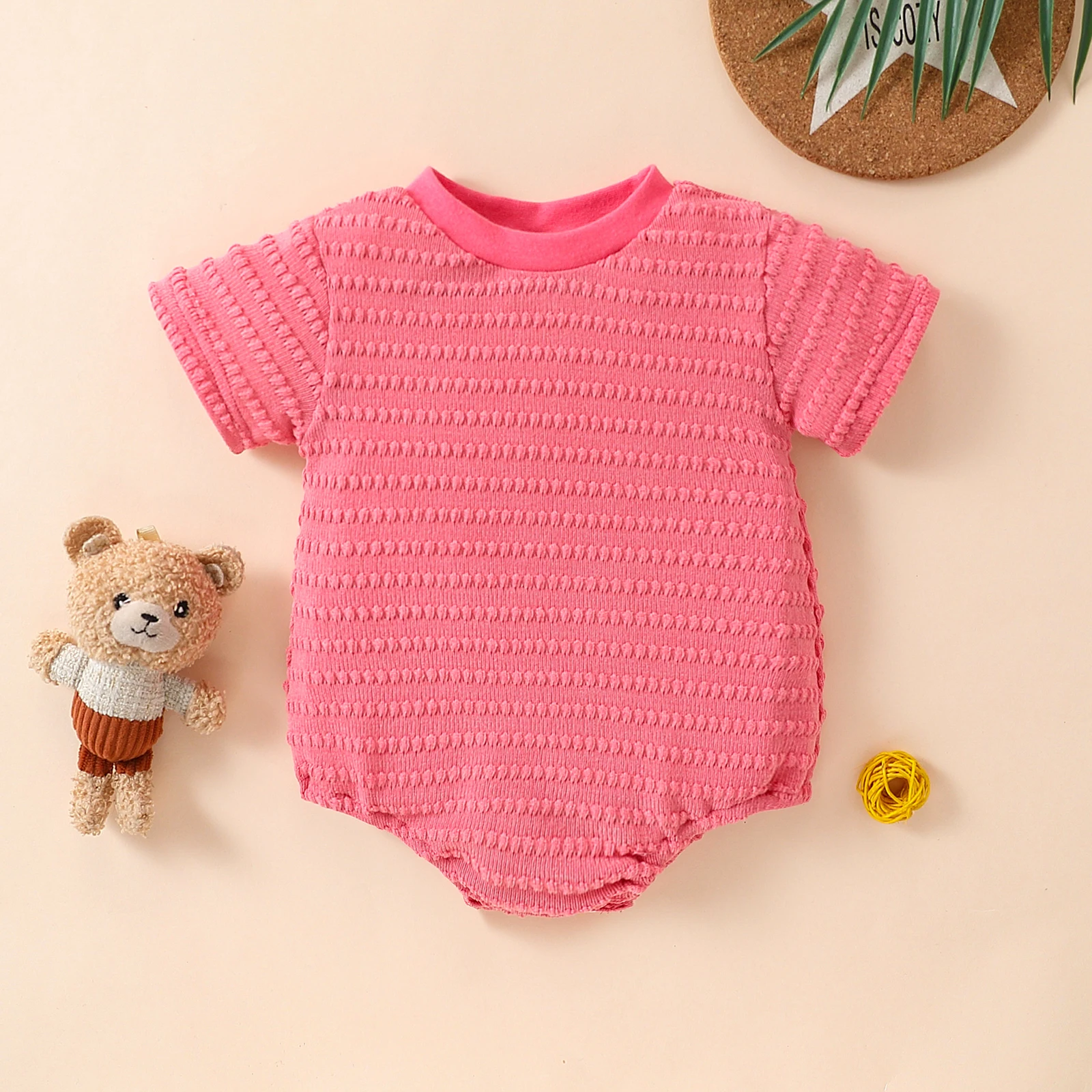 

Летний унисекс-комбинезон для малышей: розовый в полоску, с коротким рукавом, из вафельного трикотажа, повседневный наряд для младенцев и малышей