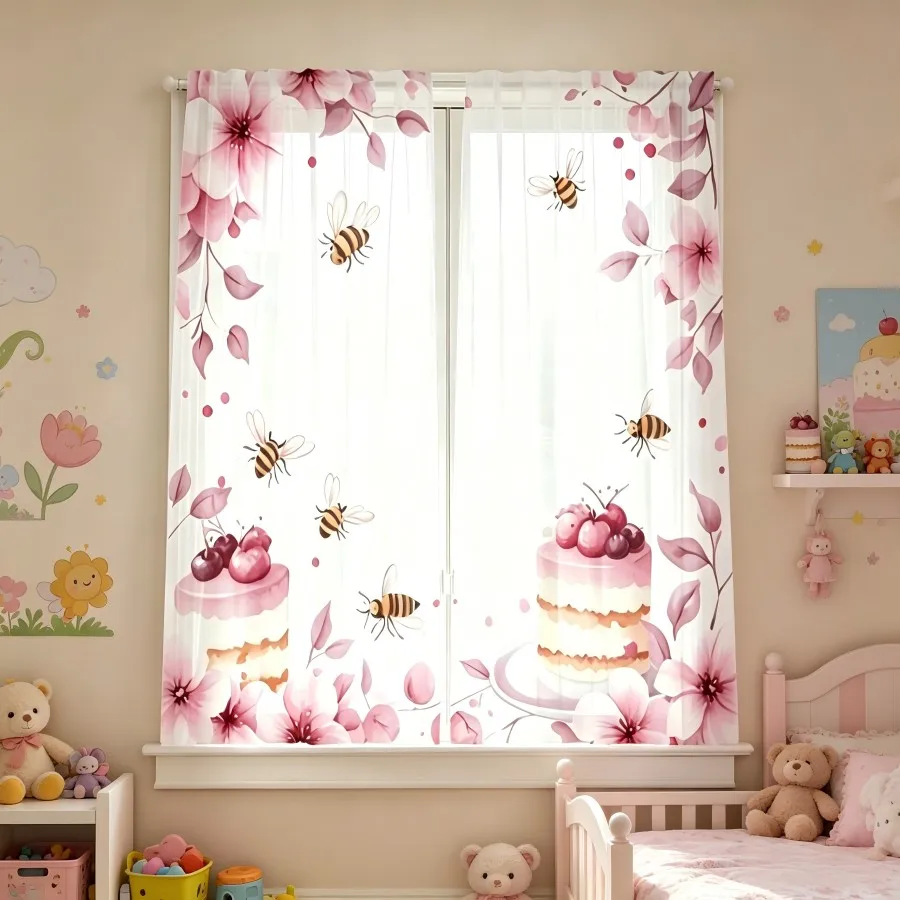 2PCS Digital Print Sheer Curtain, Cherry Blossom Cake Sweet Dessert Food Window Drapes for Living Room Bedroom Home Decor