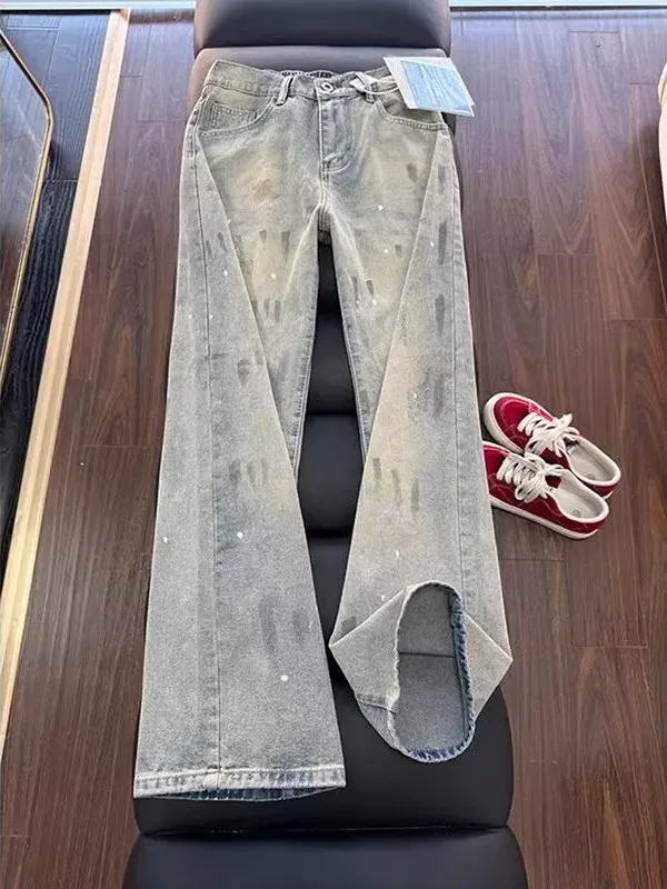 

Retro American Dyeing Men's Jeans Loose Fit Slimming Long Pants Casual Straight Leg Medium Waist Washed Design Spring Wear