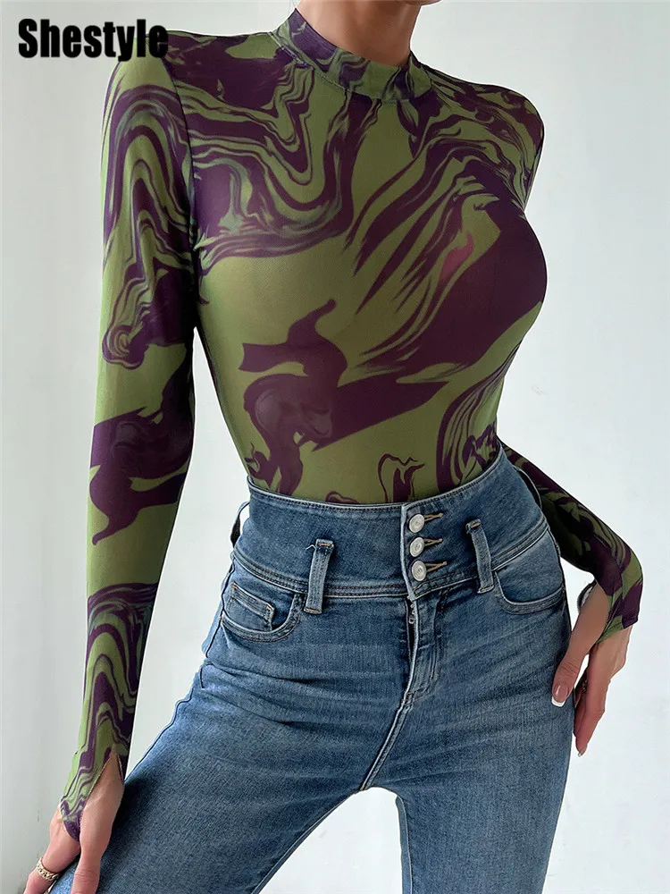 Shestyle Green Tie Dye Thin Bodysuti for Women Mock Neck Mesh Summer Style Perspective Colorful Button Paisley Skinny Basic Top