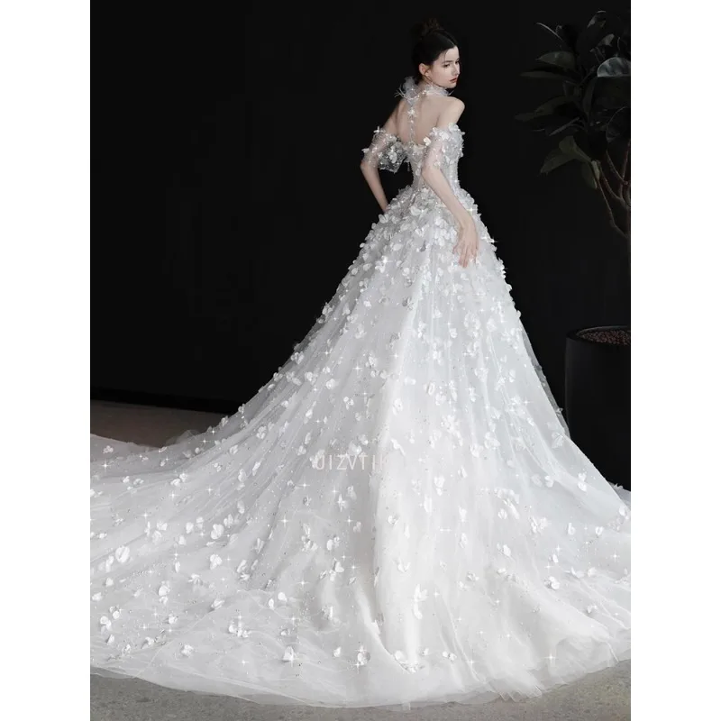 Gaun Pengantin Mewah Ringan Model Off-Shoulder untuk Wanita, Gaun Pemotretan Bunga Buatan Tangan, Gaun Pengantin A-Line Korea yang Sederhana