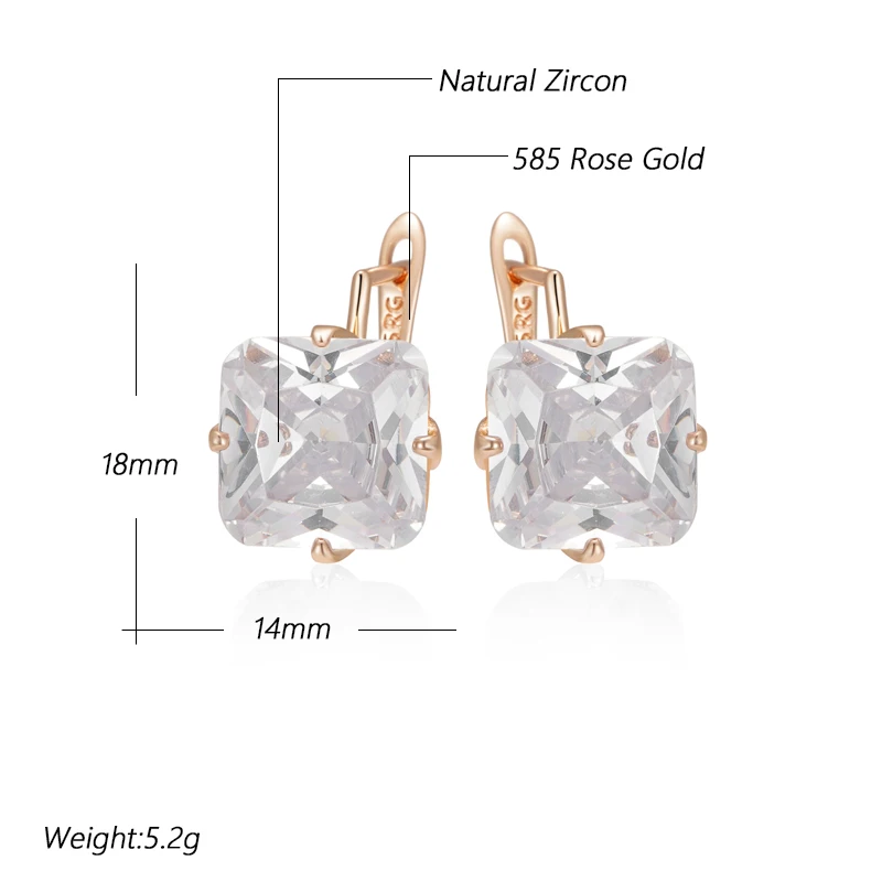 Kinel Hot Big Square English Earrings For Women Fashion 585 Rose Gold Color Shiny White Natural Zircon Accessories Daily Jewelry