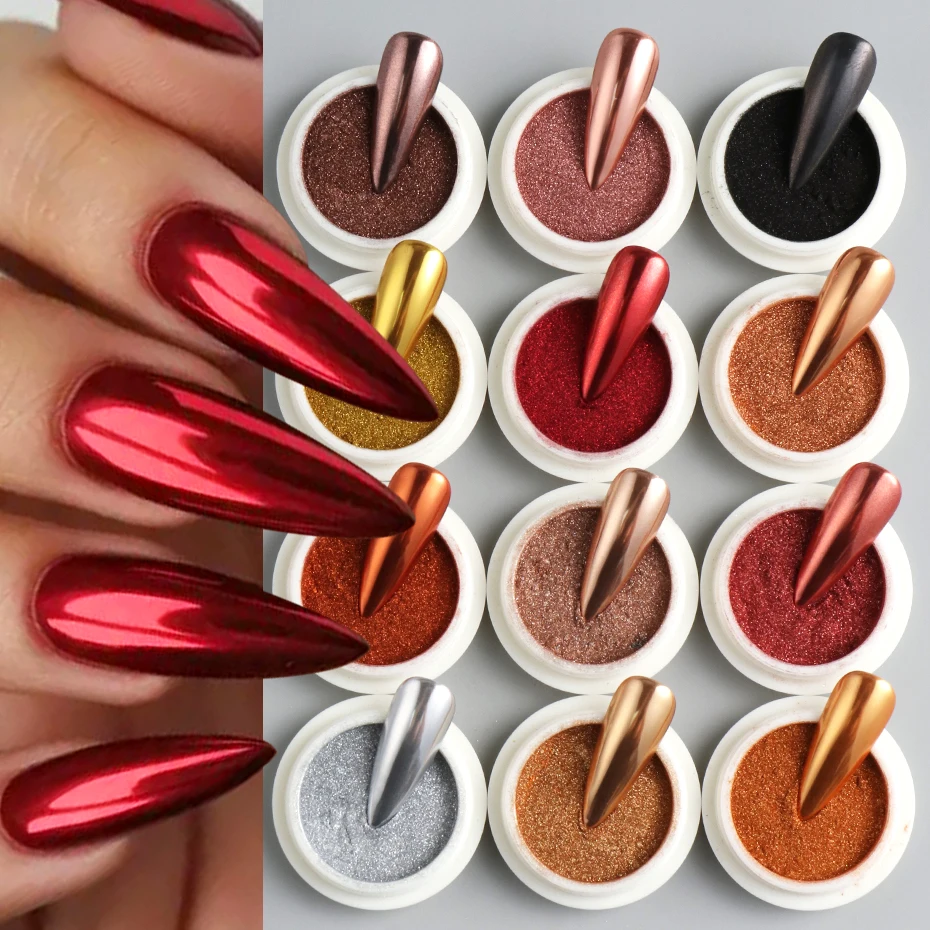 12 stuks chroom spiegel rood goud nagelpoeder pigment metallic magische spiegel nail art glitter poeder wrijven stof decoraties manicure