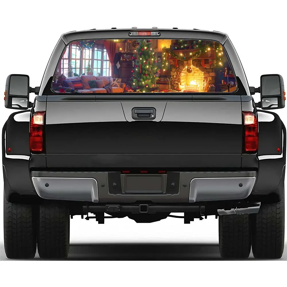 Christmas Tree Fireplace Car Rear Windshield Sticker Truck Window See Through Perforated Back Window Vinyl Decal Decoration