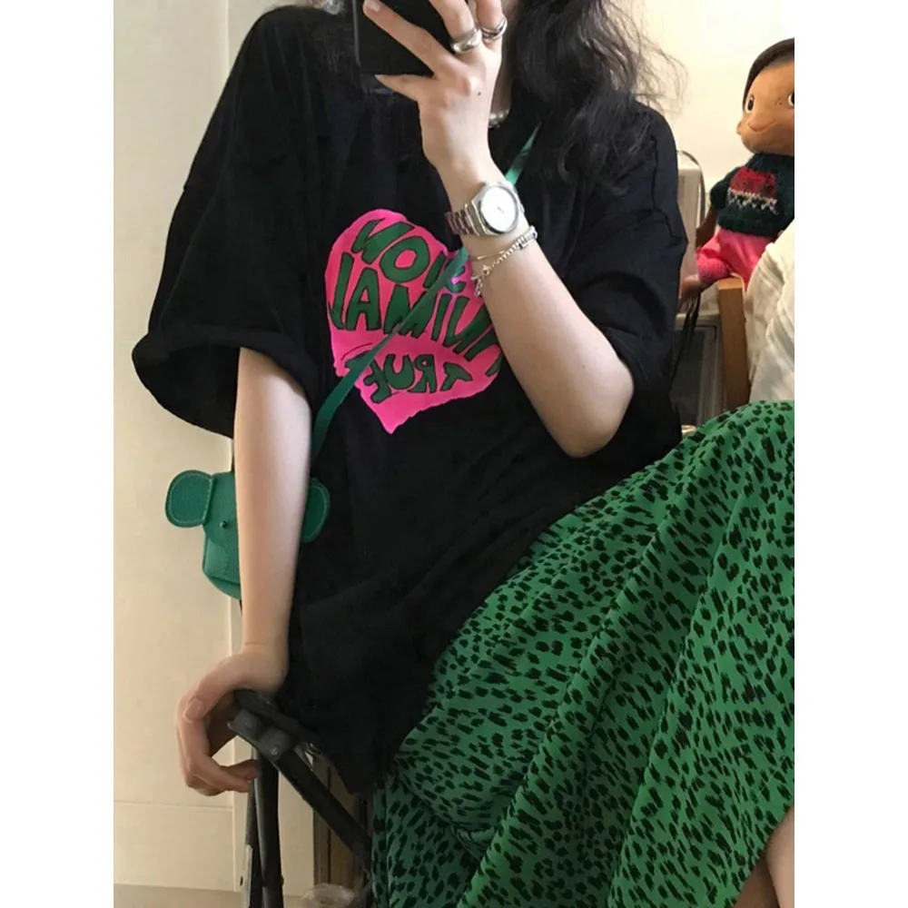 Sweet Heart Letter Print Ort Sve T-Shirt Plus Size Trendy Top Korean Sle Cotton Blend Comfortable Summer Faion