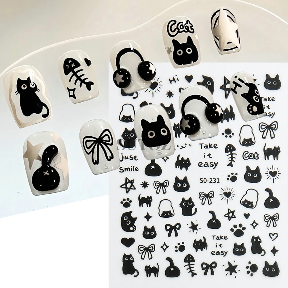 Black Cat Nail Stickers Cute Cartoon Pop Comic Nail Decals Y2K Kawaii Bows Charms Love Heart Words Sliders for Manicure NLSO-231