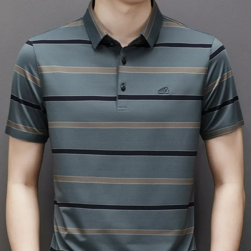 

2023 Summer New Business Leisure Luxury Men's Short Sleeve Stripe Polo Shirt Lapel Button Embroidery Commuter Versatile Thin Top