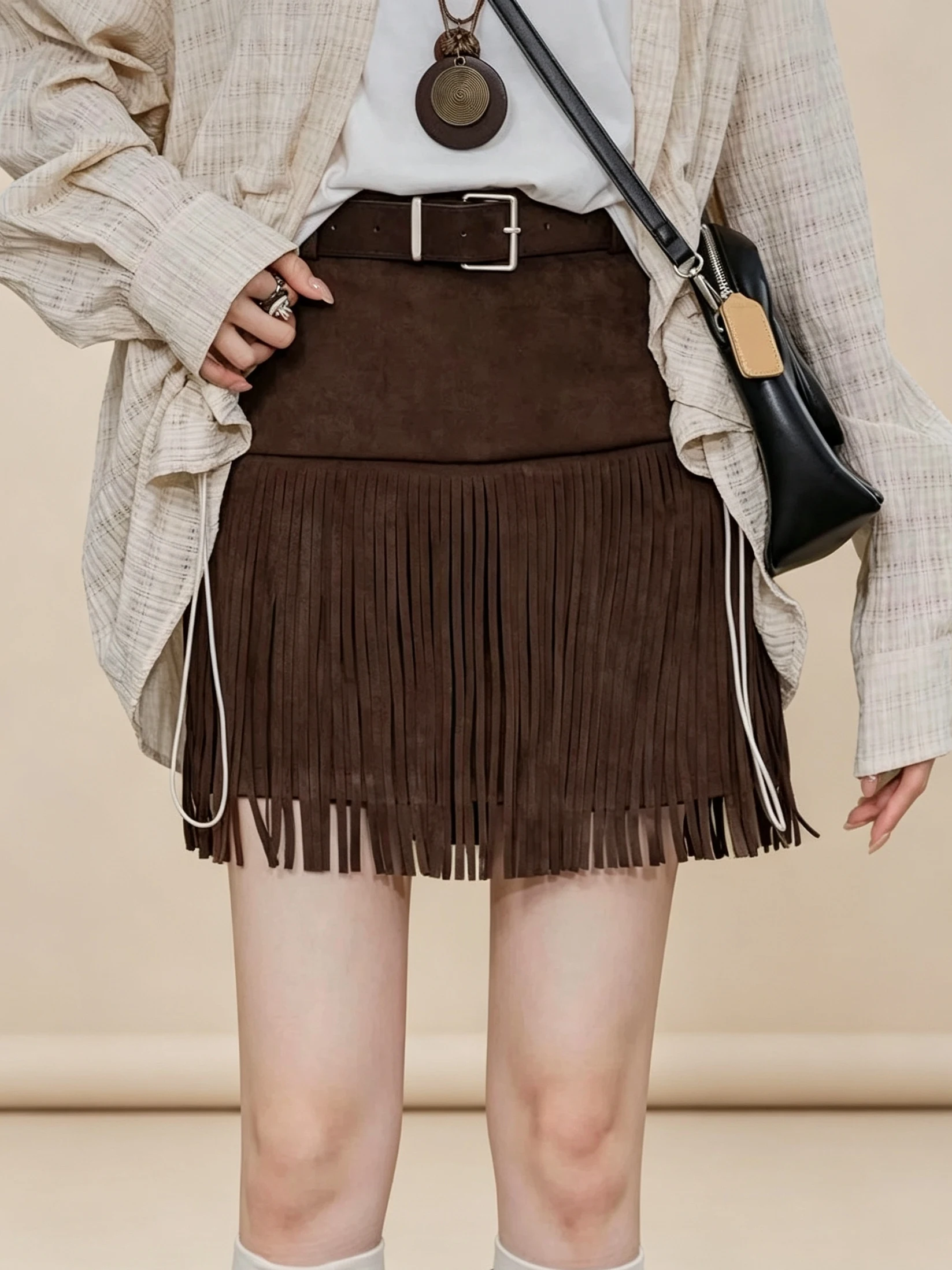 Retro Suede Tassel Trim High Waist A-Line  Skirt Women's Autumn New Style Slimming Casual Short Skirt Fashionable Commute