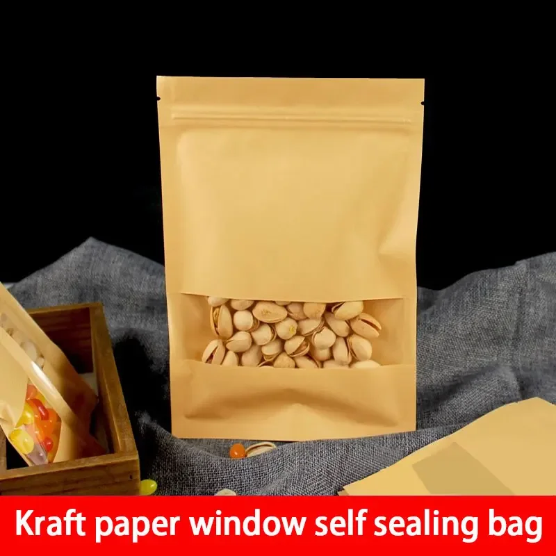 

100pcs Kraft Paper Clear Window Self Sealing Bag Flat Bottom Moisture-proofl Zip Lock Bags Food Storage Packaging Show Pouch