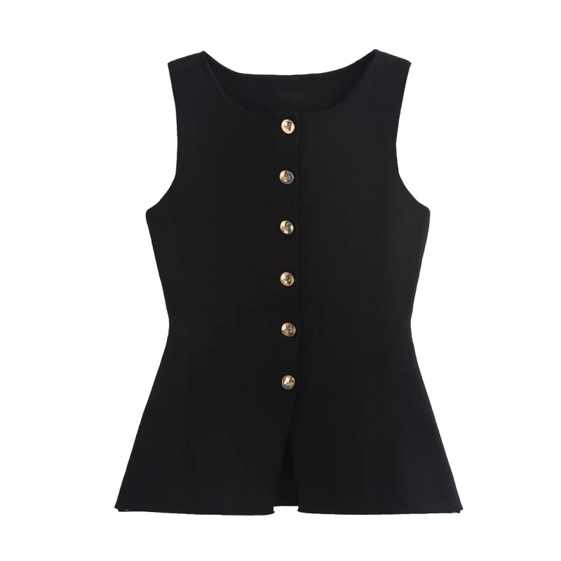 Women's Spring/Summer Casual Sleeveless Round Neck Top, Button Front Peplum Vest, Versatile for Work Commute & Outdoor Outings