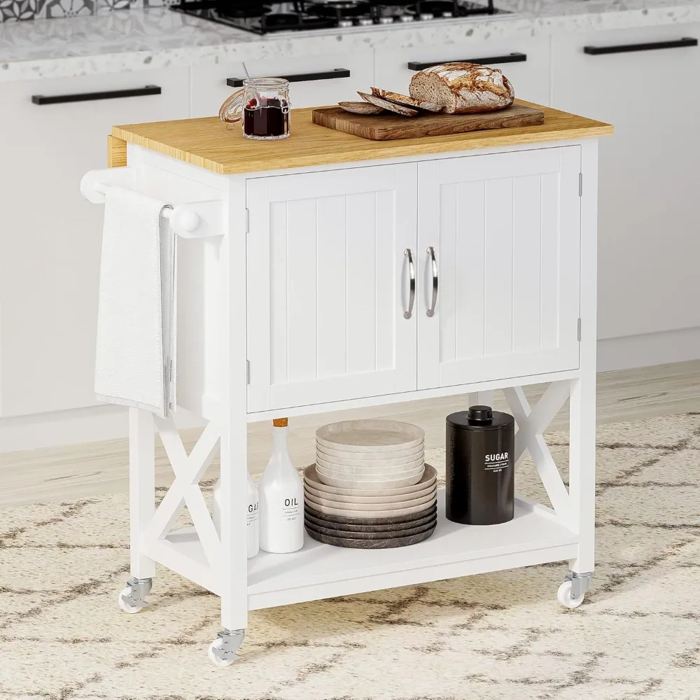 Home kitchen island with wheels, rolling cart with storage cabinet, with fallen leaves and towel rack, for dining room, white