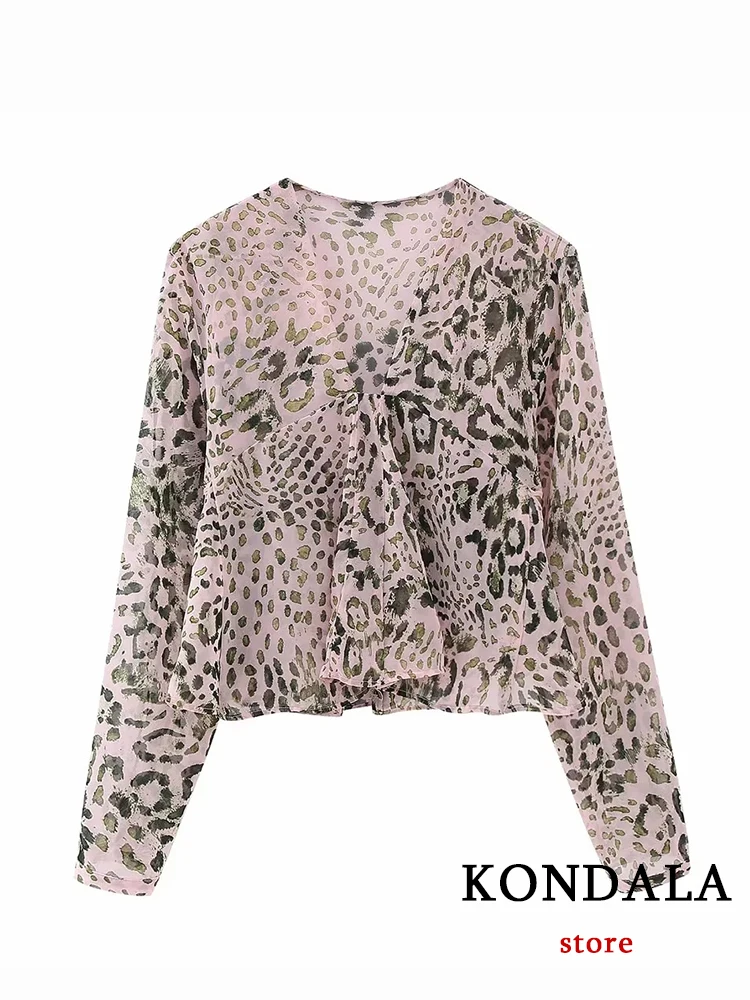 KONDALA Vintage Leopard Chic Women Holiday Suits Long Sleeve V Neck Lace Blouse Ruffles Mini Zip Skirt Fashion 2023 Summer Sets