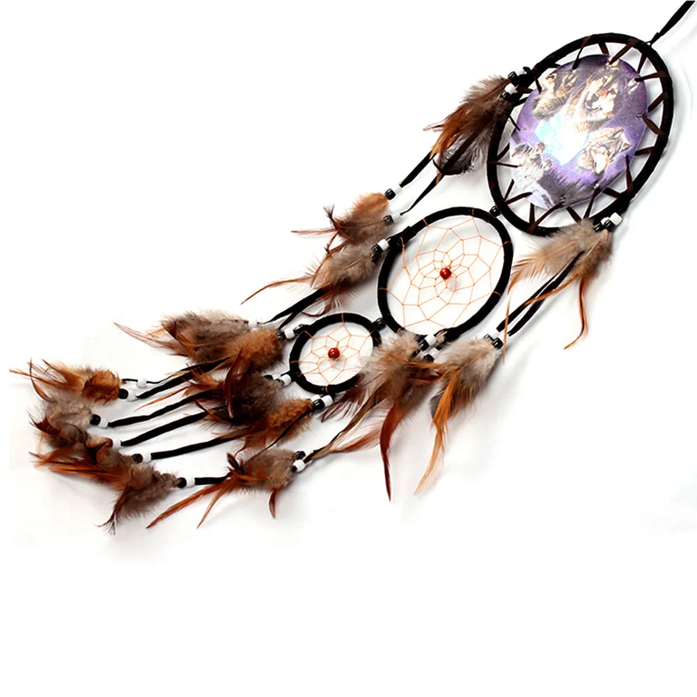 Wolf Dream Catcher Pendant Feather Wall Decor Pendant Handmade Art Crafts Dreamcatcher Home Decor Wind Chimes Ornaments For Home