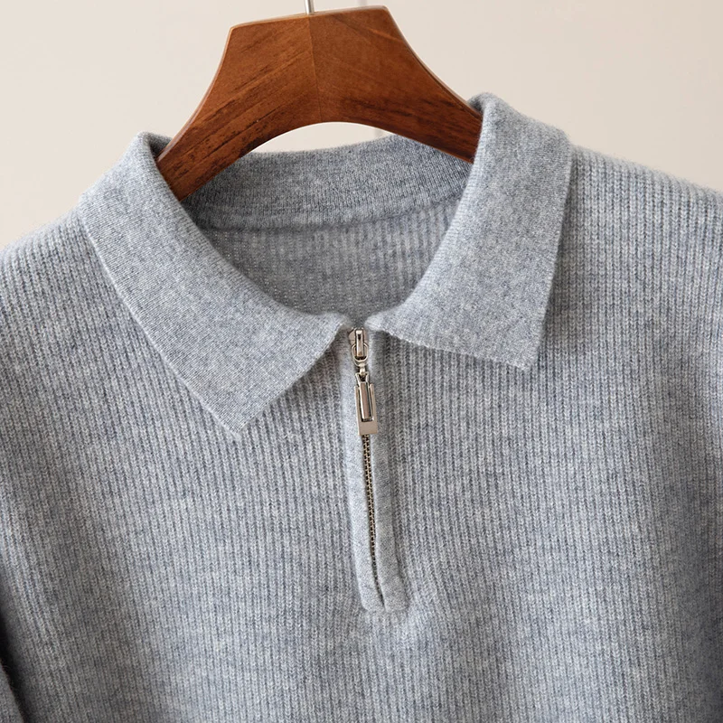 Autumn And Winter New 100% Pure Wool Men's Lapel Knitted Sweater Thickened Warm Bottoming POLO Shirt