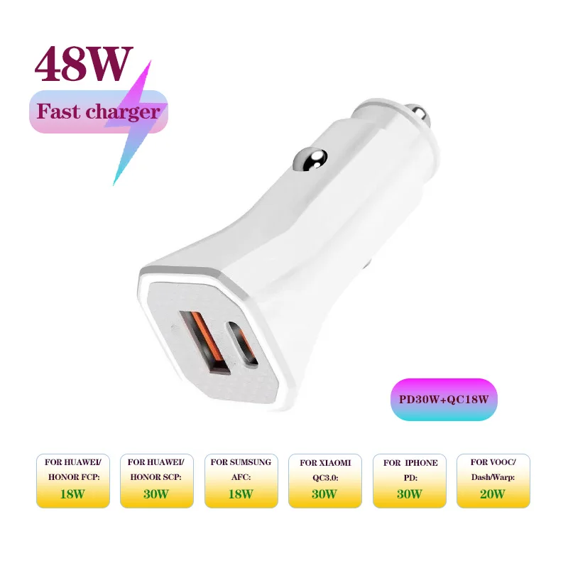 مربع تصميم 48 واط 1/2 ميناء شاحن سيارة فائق مع PD30W QC3.0 شحن سريع للغاية USB سيارة ولاعة السجائر محول للهواتف