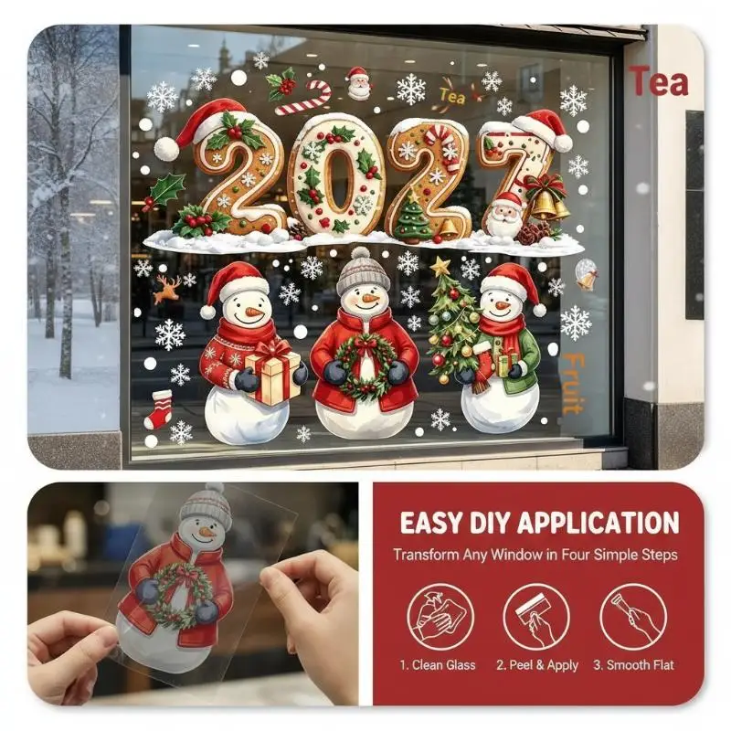 2027 Christmas Window Clings Santa Sleigh Reindeer Gingerbread Snowman Snowflake Stickers Mall Shop Window Glass Holiday Decor